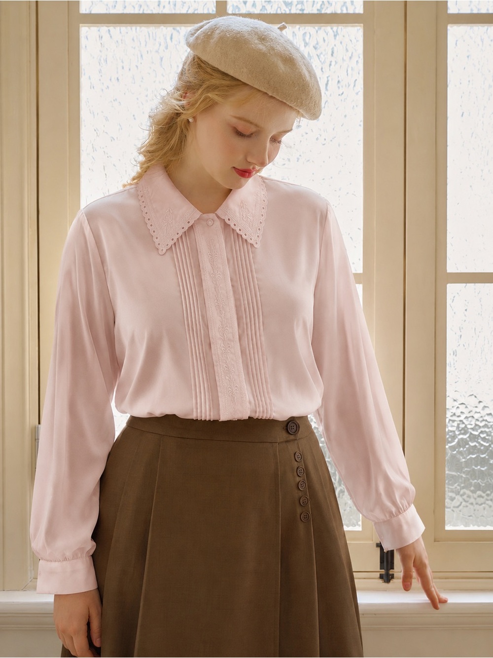 Vintage | Blush Pink Pintuck Blouse | Embroidered Collar